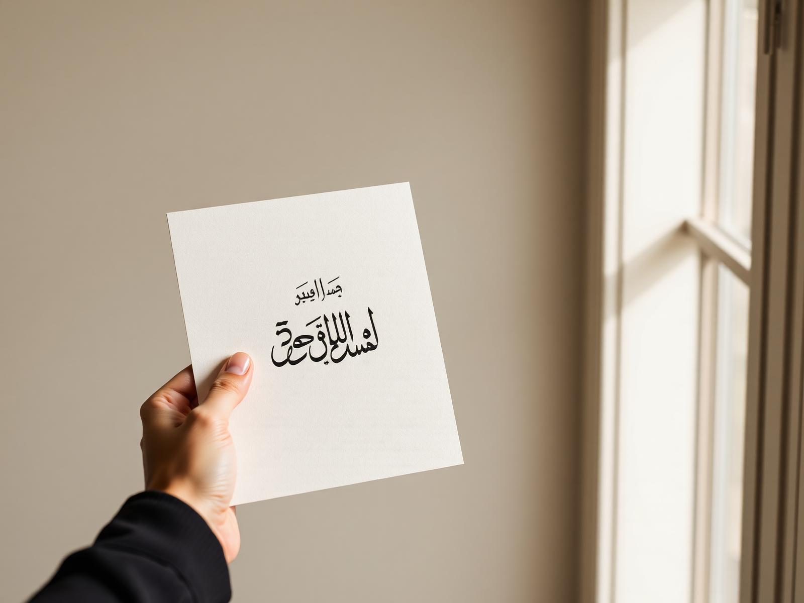Hand holding an ivory wedding invitation with black Arabic calligraphy in warm window light